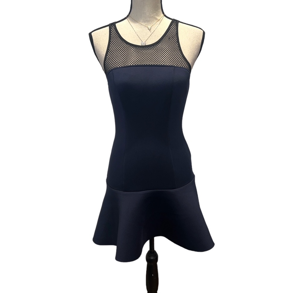 NWT Narces Navy Blue Neoprene Fit & Flare Dress with Mesh Top
